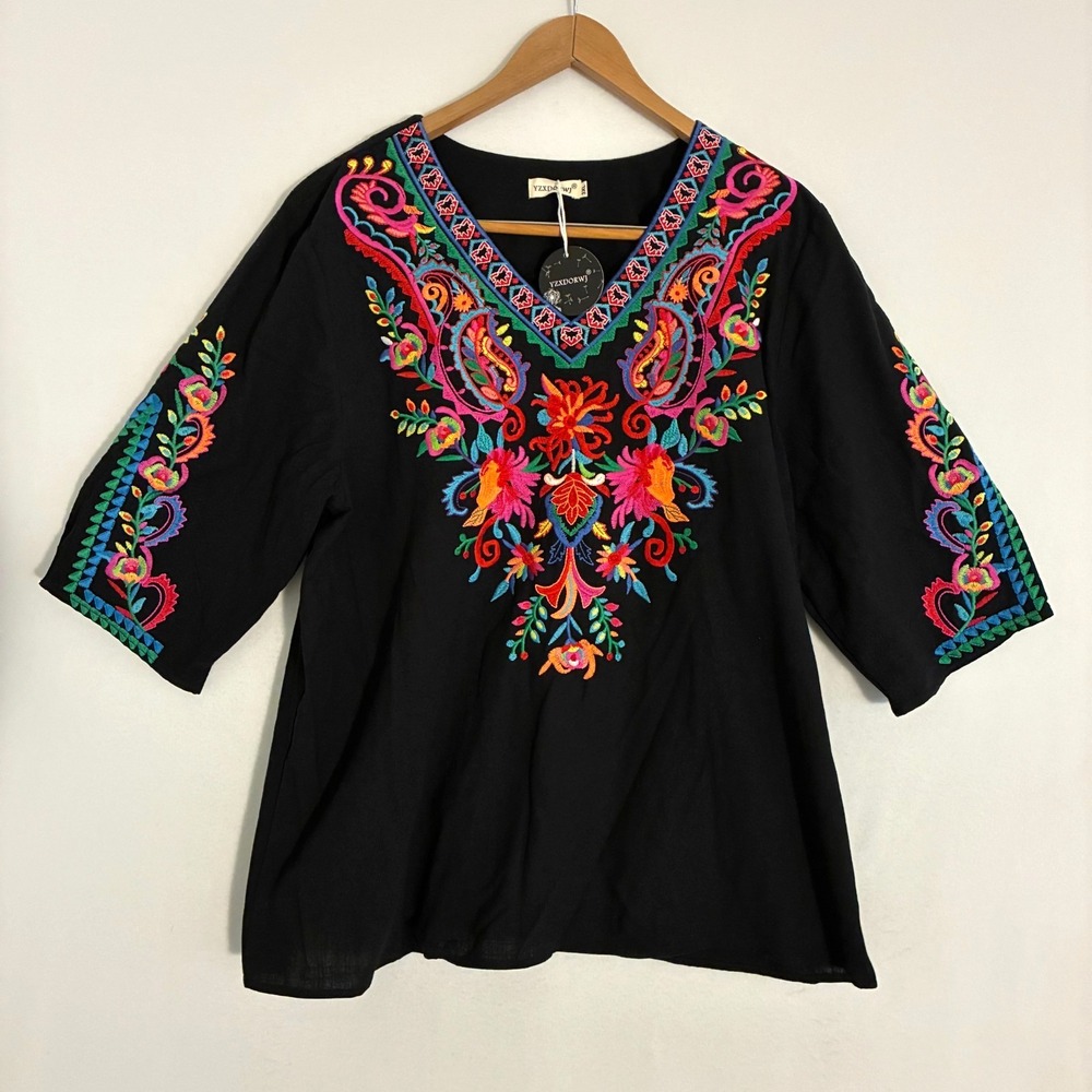 NEW YZXDORWJ Mexican Blouse Womens 3XL Embroidered Floral Peasant Boho Festival - Picture 2 of 9